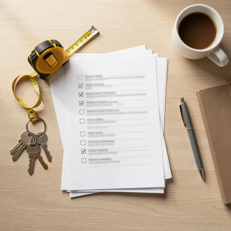 Table de travail avec grille de contrôle imprimée, mètre ruban et trousseau de clés posés à côté d&rsquo;un carnet