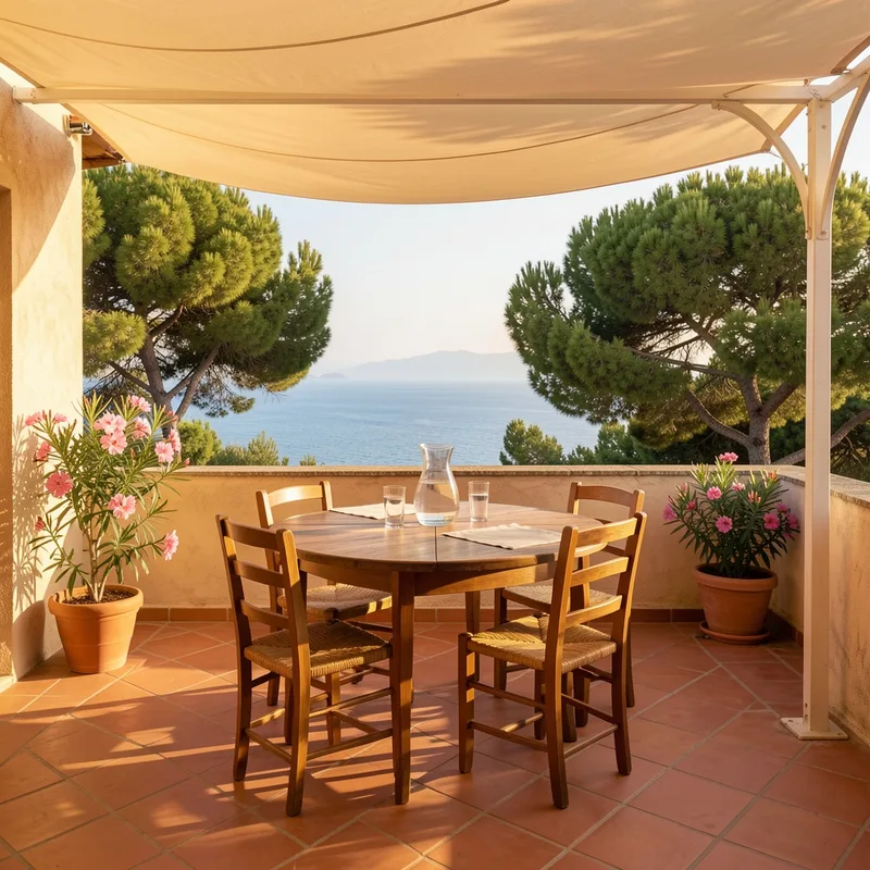 Terrasse ombragée d&rsquo;une maison méditerranéenne avec table dressée, chaises en bois et vue sur la mer en arrière-plan