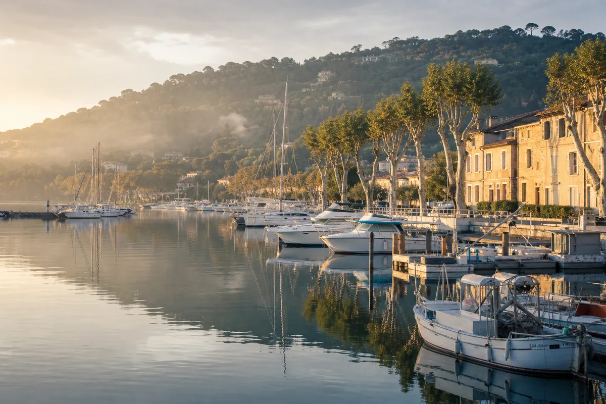 Port de plaisance de Carry-le-Rouet au petit matin avec bateaux amarrés et collines boisées