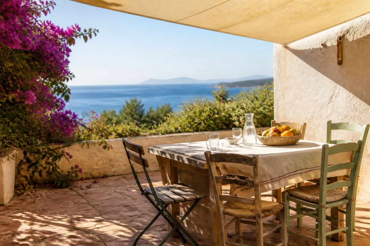 Terrasse ombragée d’une maison provençale avec table dressée et vue sur la Méditerranée