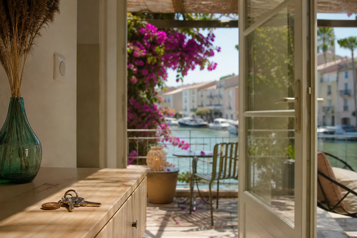 Terrasse d&rsquo;un appartement donnant sur les canaux de Martigues en été