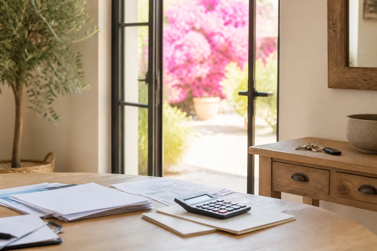 Documents administratifs et calculatrice posés sur une table en bois clair