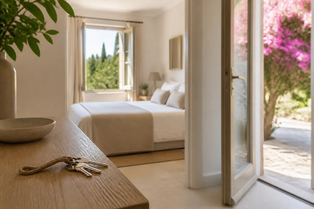 Chambre en lin clair préparée pour l&rsquo;arrivée de voyageurs avec volets ouverts
