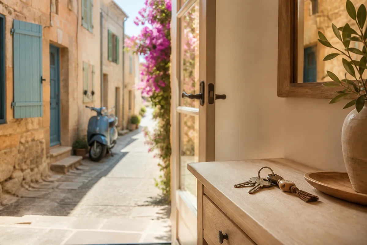 Ruelle étroite d&rsquo;un village provençal avec volets colorés et scooter garé