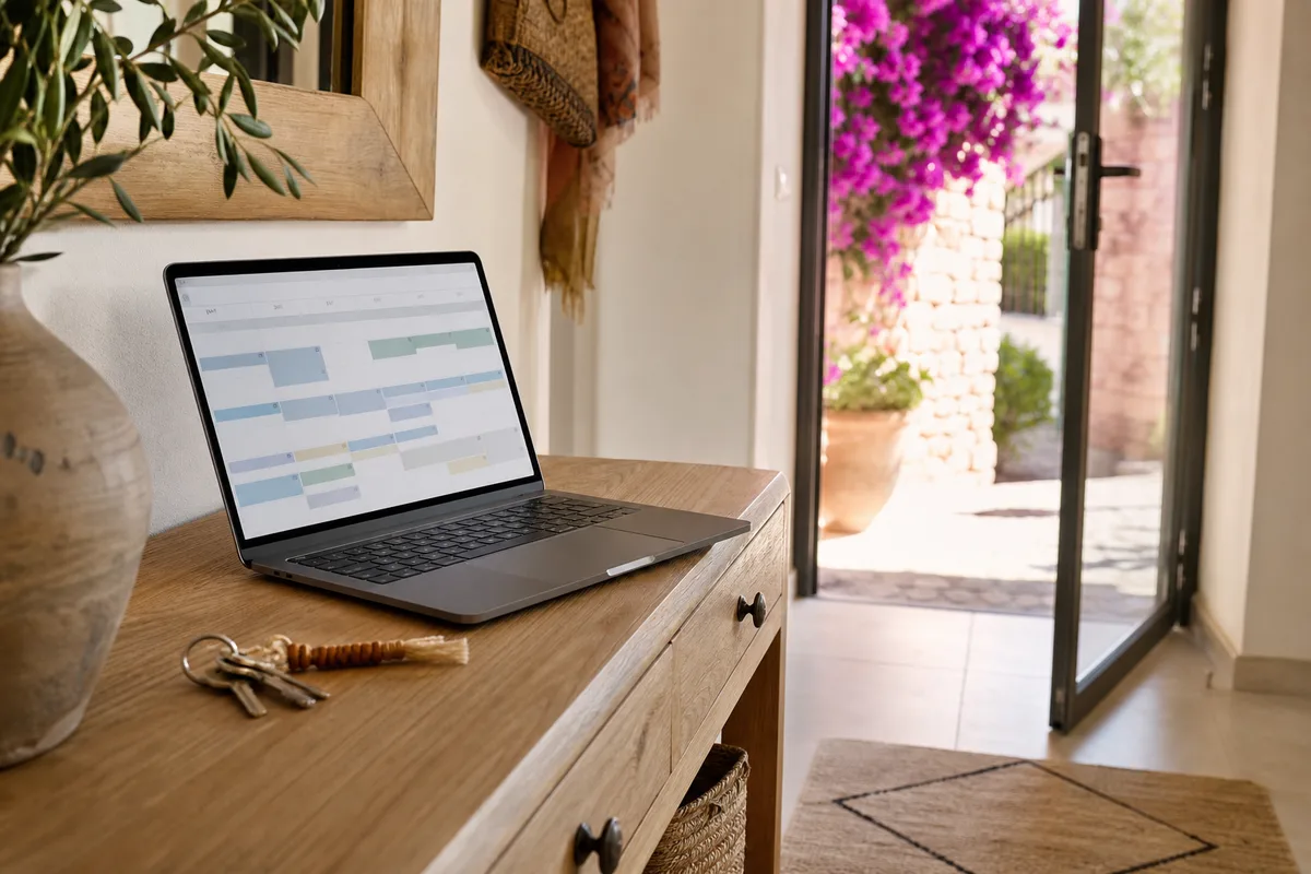Bureau avec ordinateur portable affichant un calendrier de réservations et un trousseau