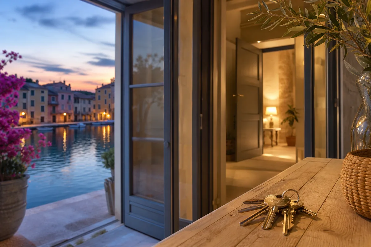 Vue du canal de Martigues bordé de façades colorées au crépuscule