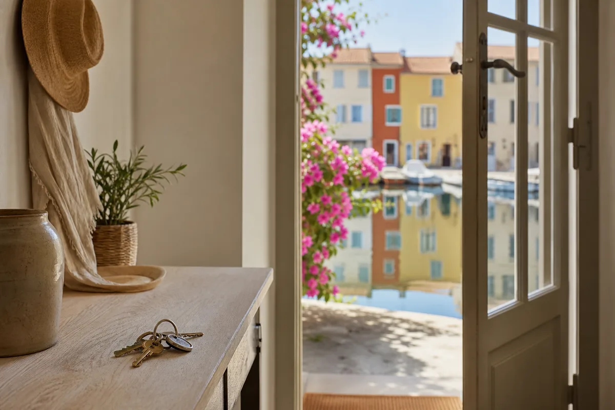 Maisons colorées se reflétant dans le miroir aux oiseaux à Martigues