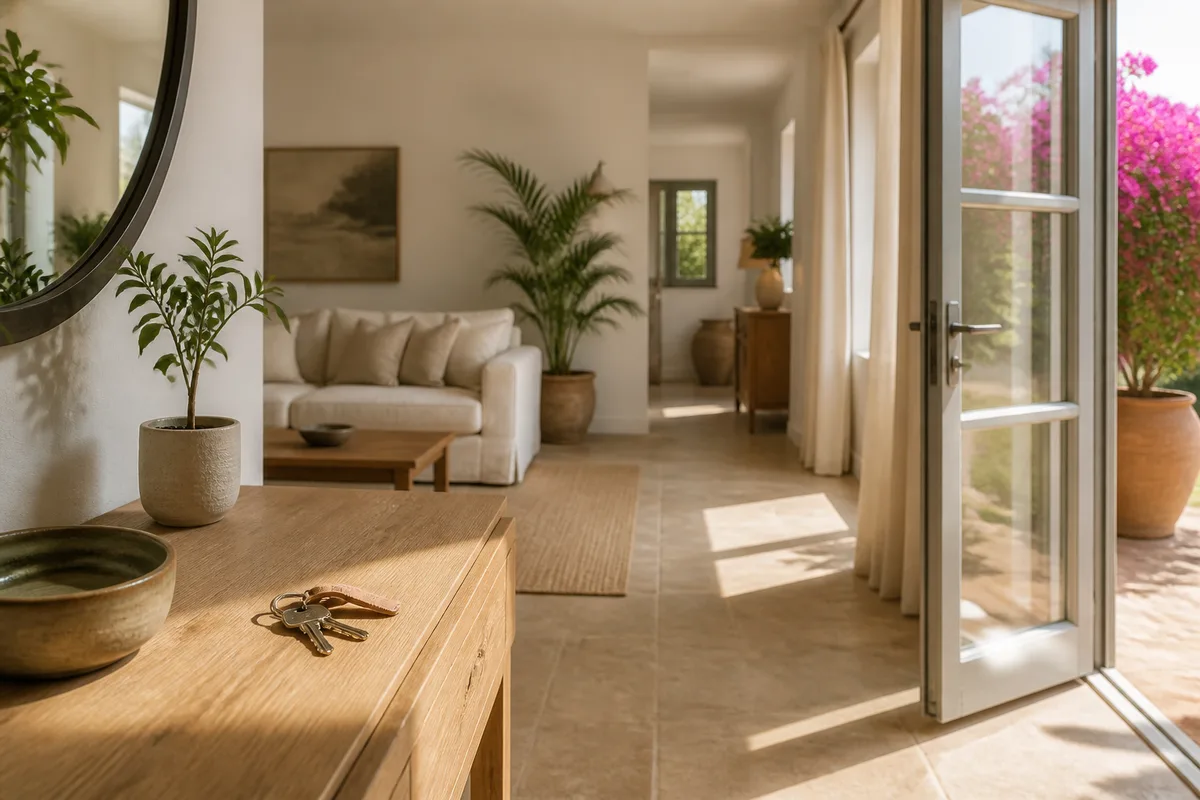 Salon lumineux d&rsquo;un logement de vacances avec canapé clair et plantes
