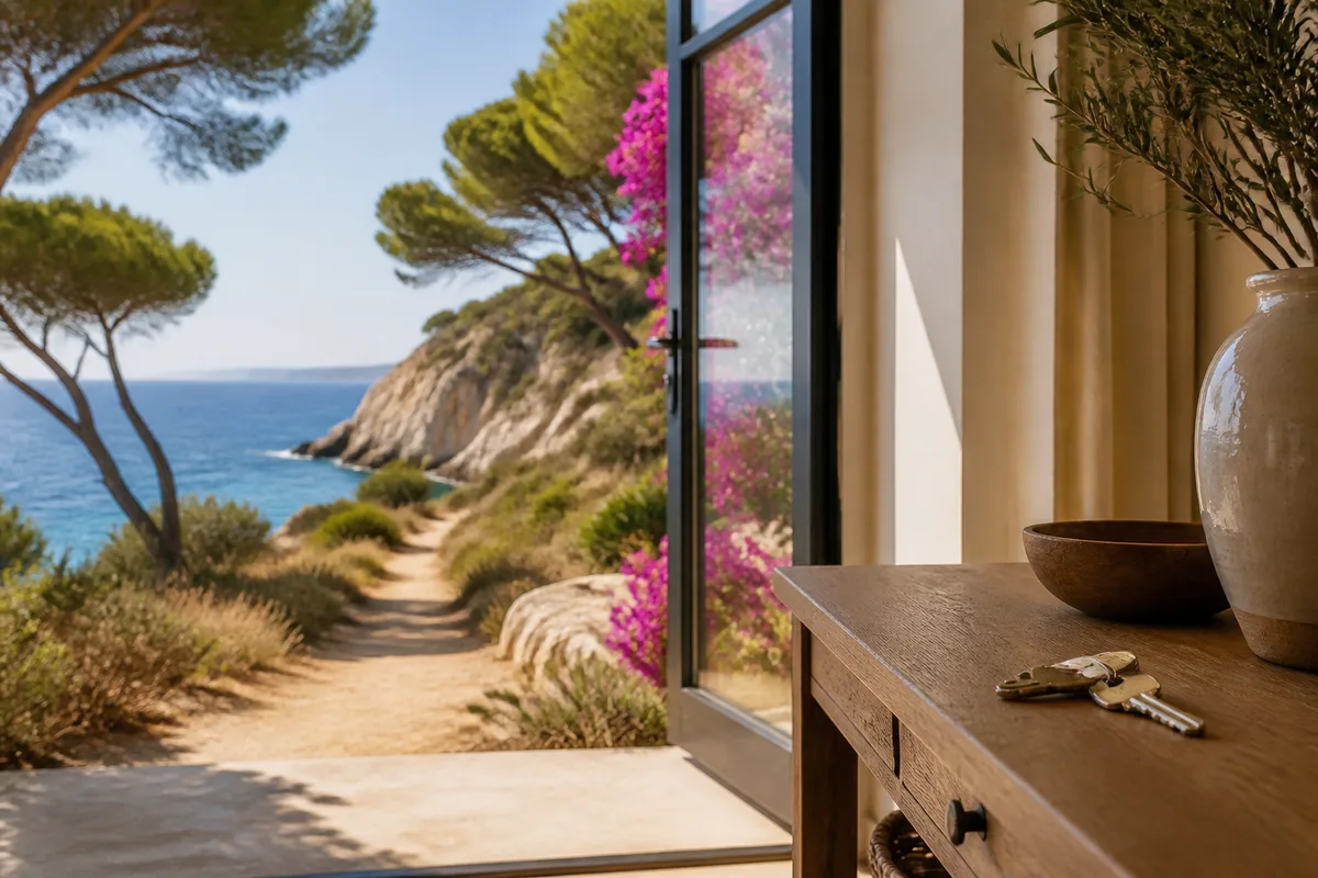Sentier littoral longeant les falaises avec vue sur la mer et les pins
