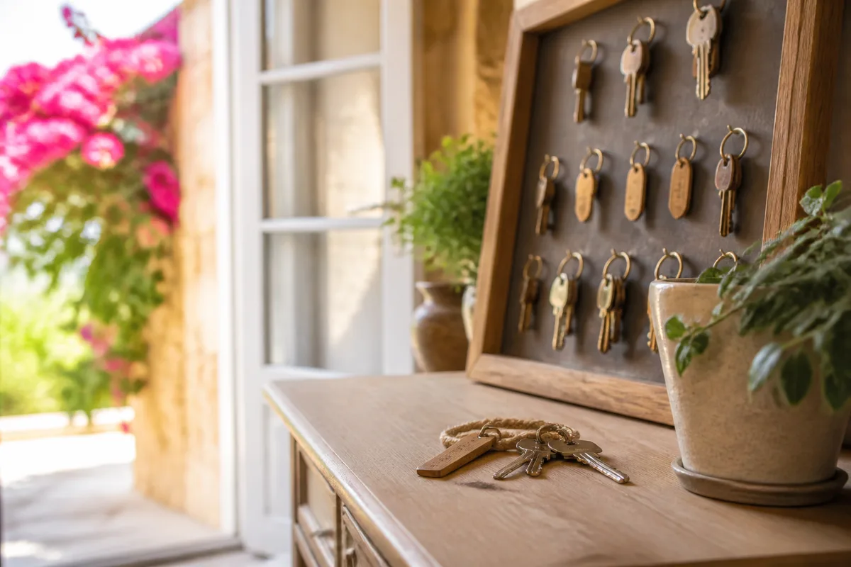 Bureau d&rsquo;accueil avec tableau de clés numérotées et plantes vertes
