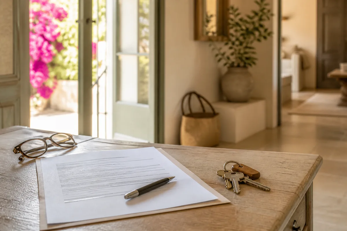 Contrat de prestation posé sur une table avec stylo et lunettes